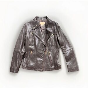 Michael Kors Brown Leather Moto Biker Jacket Women’s Small Zip Front